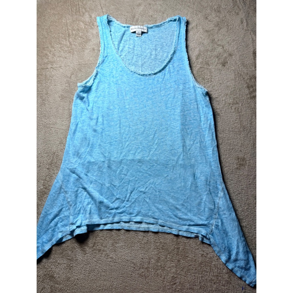 White + Warren Blue 100% Linen Handkerchief Hem Top S Raw Edge Nautical Summer